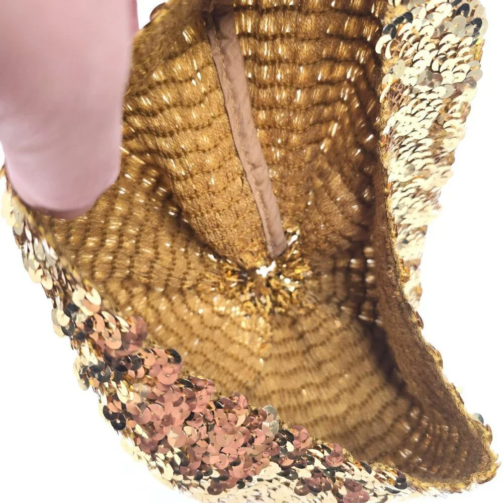Vintage 70s 80s Gold Sequin Beret Slouchy Stretch - Picture 8 of 8